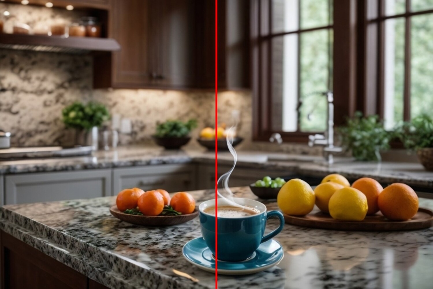 Kaffeetasse mit aufsteigendem Dampf auf Küchenarbeitsplatte mit roter Linie in der Mitte
