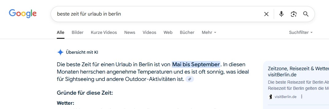 Screenshot der Google-Suche nach "beste zeit für urlaub in berlin"