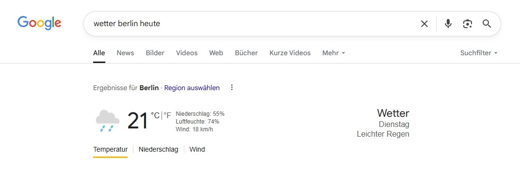 Screenshot der Google-Suche nach "wetter berlin heute"