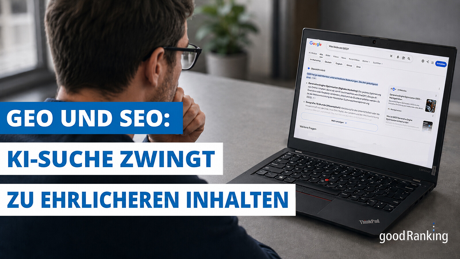 KI-Suche zwingt zu ehrlichen Content Mann betrachtet nachdenklich ein Dashboard auf einem schwarzen Laptop